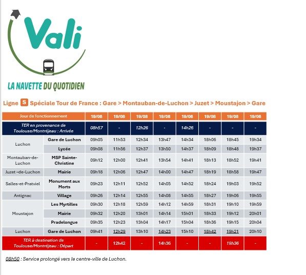Horaires de la navette Vali à l'occasion du Tour de France à Luchon